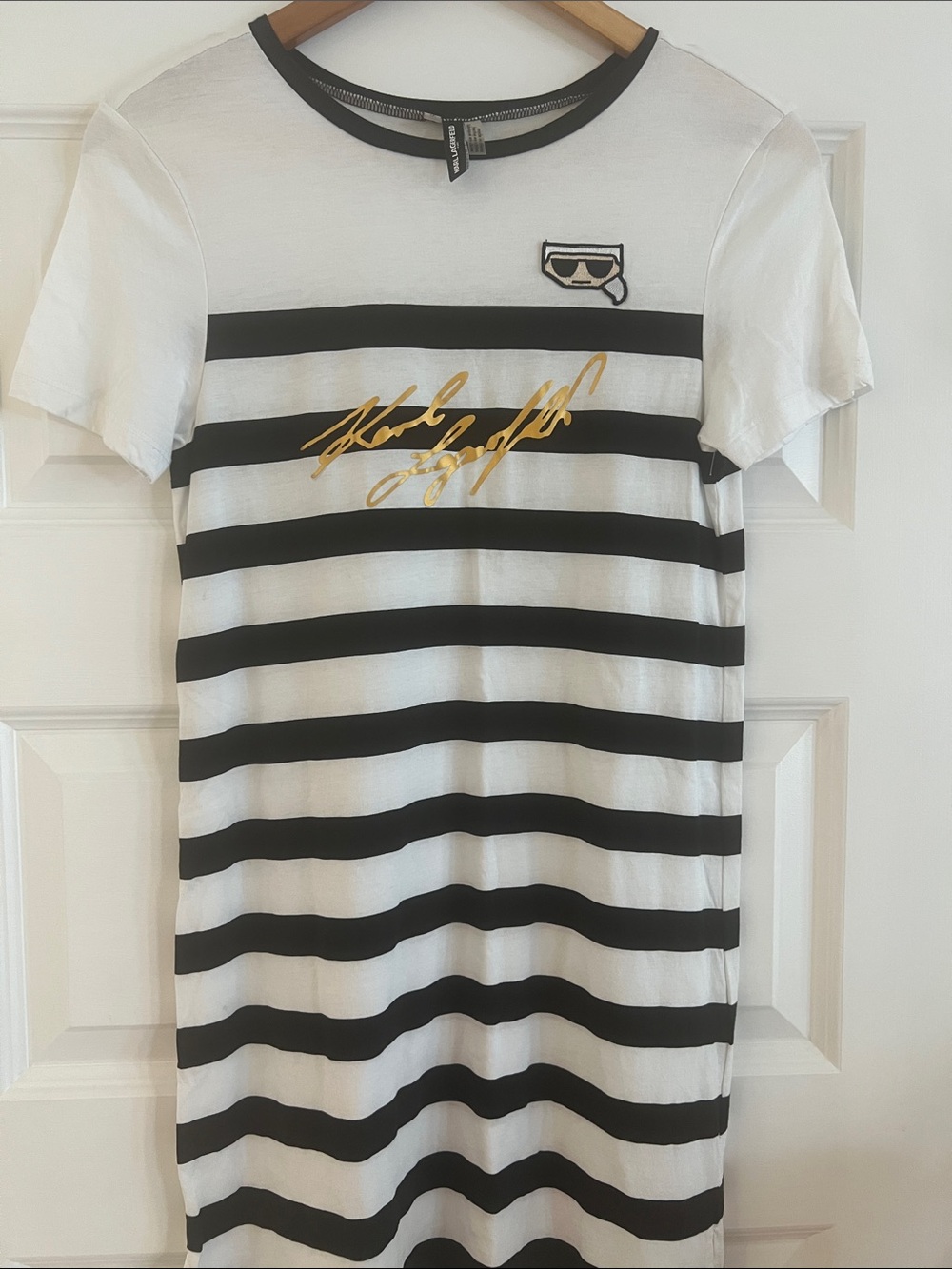 Karl Lagerfeld White & Black Striped Tee Dress with Gold Script Logo